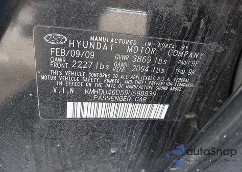 2009 Hyundai Elantra Gls from USA, damaged, VIN KMHDU46D59U698839